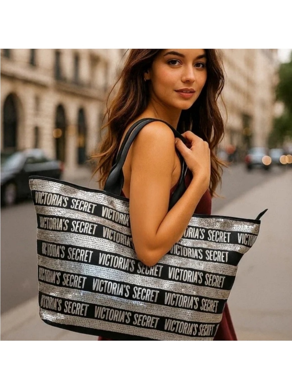 Victoria's Secret Black Sequin Striped Silver Canvas Tote with Long Handles